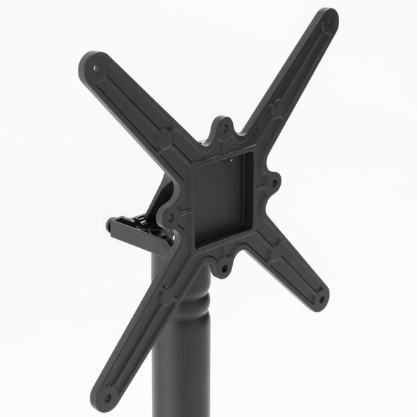 Schwarze Monitorhalterung aus Metall mit kreuzförmiger Montageplatte an einer Säule.