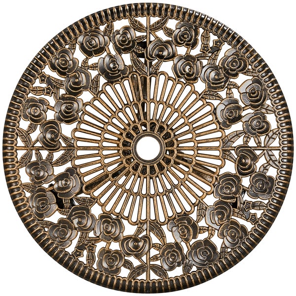 Runde Tischplatte aus Metall mit filigranem Rosenmuster und Schirmlochöffnung in der Mitte.