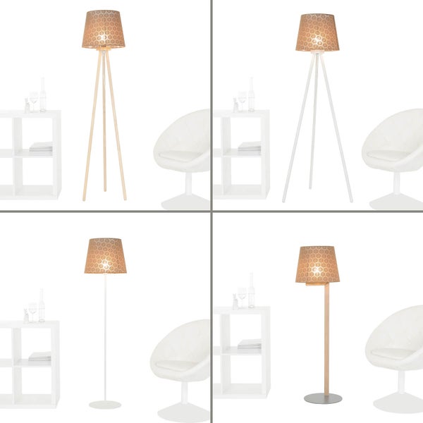 Collage mit vier Stehlampen mit Lampenschirm und unterschiedlichen Standfüßen