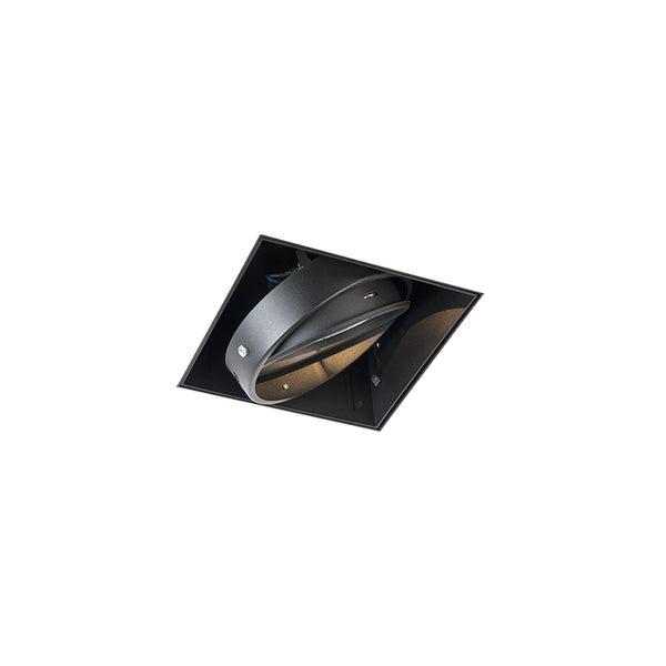 Quadratischer Einbaustrahler in Schwarz aus Metall mit schwenkbarem, rundem Leuchtenkopf.