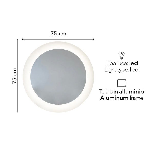 Runder Badezimmerspiegel mit LED Beleuchtung und Aluminiumrahmen, Durchmesser 75 Zentimeter.