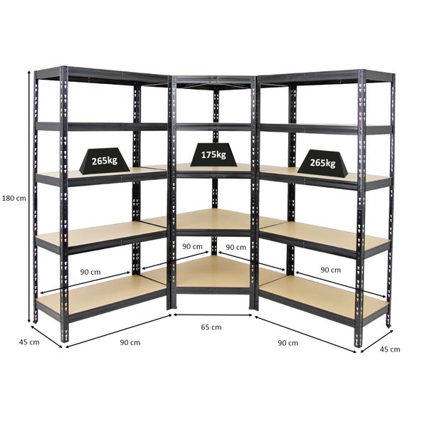 PROREGAL Mega Deal Tiger 1x Eckregal & 2x Schwerlastregal 180x 90x 45 cm Fachlast 175 & 265 kg Schwarz