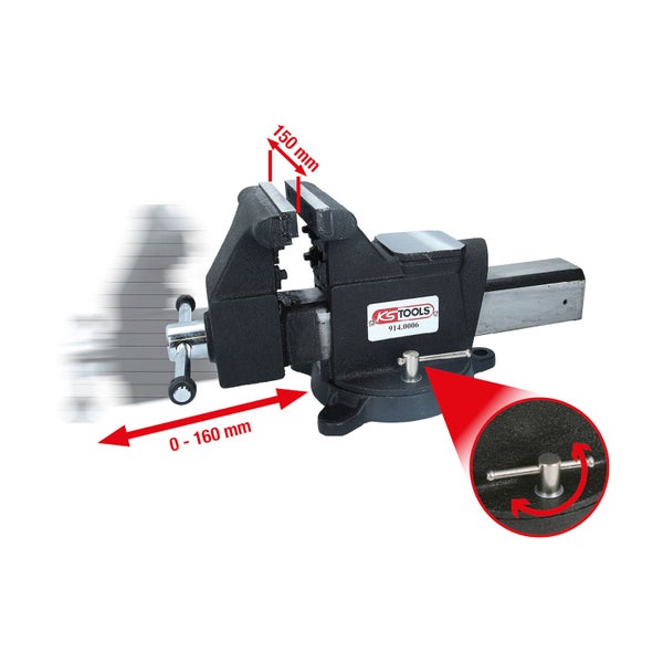 Werkbank-Schraubstock mit einer Backenbreite von 150 mm und einer Spannweite von 0 bis 160 mm.