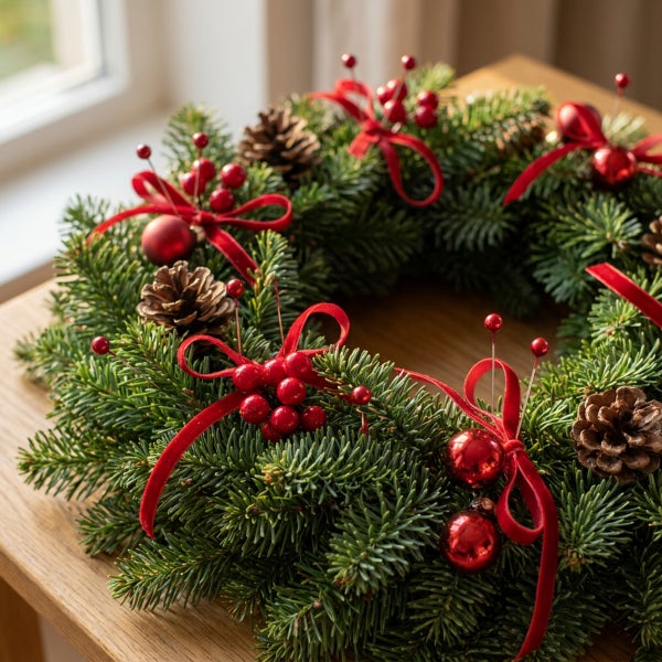 Weihnachtskranz aus Tannenreisig mit Zapfen, Beeren und Schleifen auf einem Holztisch