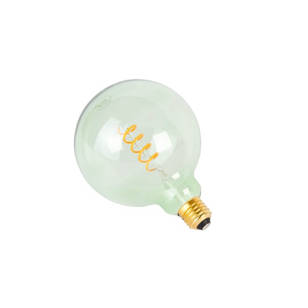 LED-Globelampe mit grünem Glas, spiralförmigem Glühfaden und E27-Sockel.