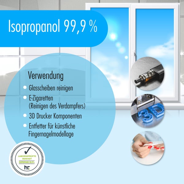 Anwendungsbeispiele für Isopropanol: Reinigung von Glasscheiben, E-Zigaretten, 3D-Druckerkomponenten und als Entfetter für künstliche Fingernägel. Laborgeprüfte Reinheit.