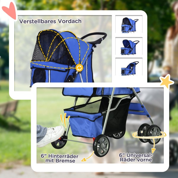 PawHut Hundewagen, klappbar Hundebuggy für kleine Hunde und Katzen bis 10kg, Katzenbuggy mit Netzfenstern Getränkehalter, Haustierwagen Oxford, Blau