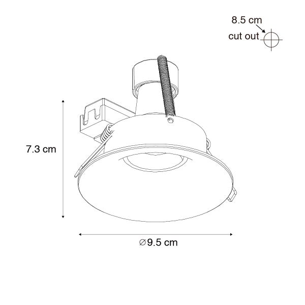 Technische Zeichnung eines Einbaustrahlers mit Maßen: Durchmesser 9.5 Zentimeter, Höhe 7.3 Zentimeter und Lochausschnitt 8.5 Zentimeter.