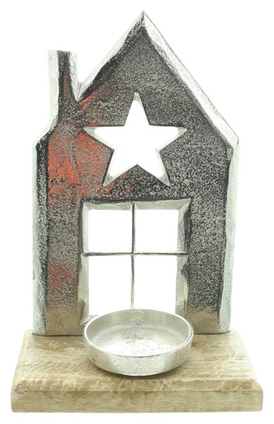 FRANK FLECHTWAREN | Kerzenhalter Haus, 18 x 10 x 27 cm, METALL, MANGOHOLZ