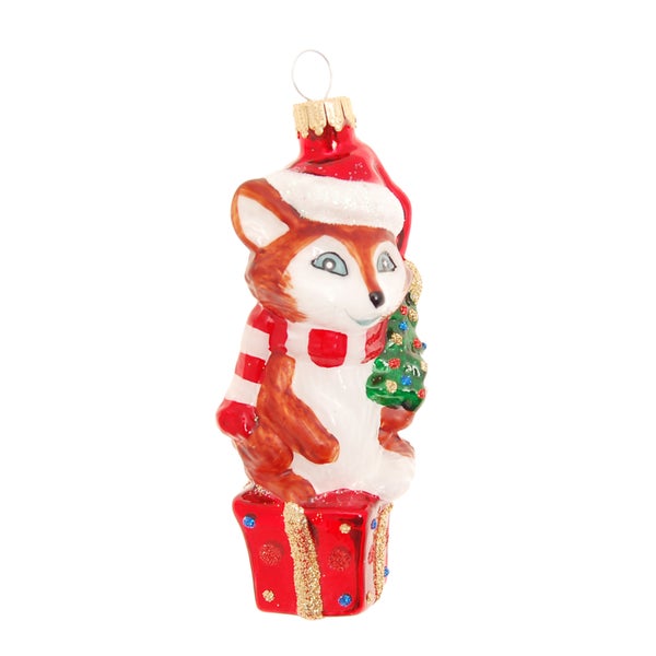 Glasornament Fuchs mit Weihnachtsmütze, Braun/Weiß, 9cm, 1 Stck., Weihnachtsbaumkugeln, Christbaumschmuck, Weihnachtsbaumanhänger