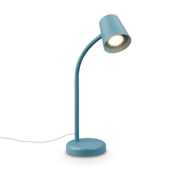 Blaue Schreibtischlampe aus Metall mit rundem Standfuß und verstellbarem Lampenkopf.