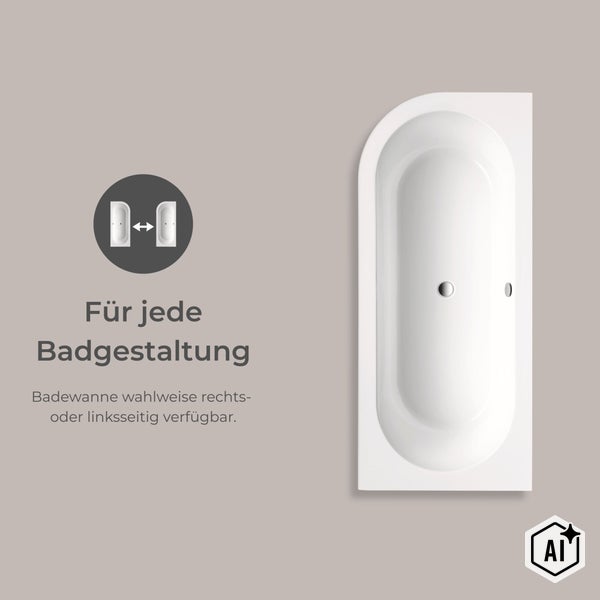 Rechteckbadewanne mit abgerundeter Ecke zur wahlweisen Montage auf der rechten oder linken Seite für eine flexible Badplanung.