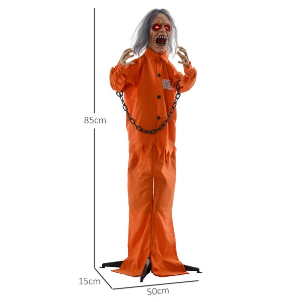 HOMCOM 85cm Halloween Dekoration Gruseliger Sprechender Gefangener mit LED-Lichter, Soundfunktion, Haustür Deko mit verstellbare Arme, Garten Dekofigur für Party, Orange