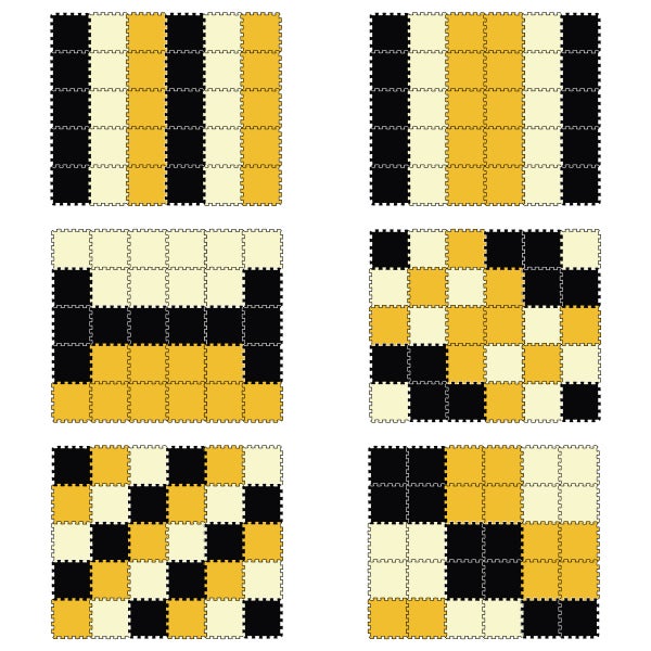 Set aus quadratischen Steckfliesen in verschiedenen Legebeispielen für Bodenbeläge