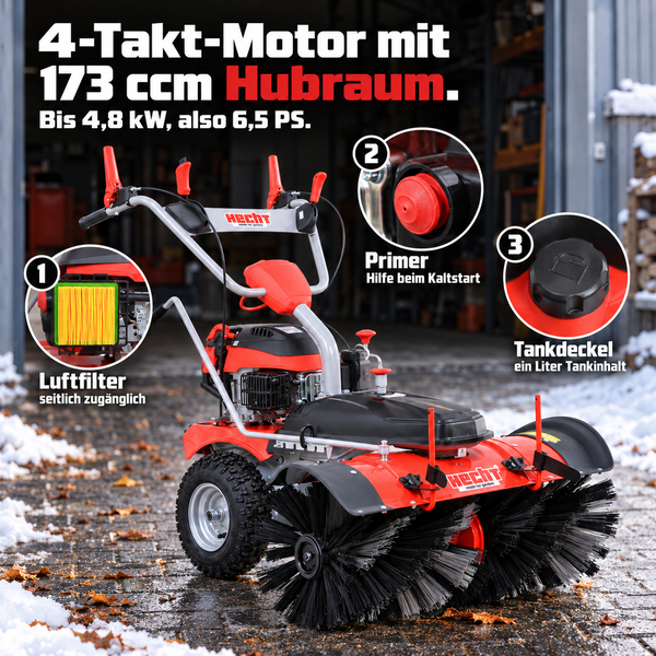 Hecht Kehrmaschine mit Viertaktmotor 173 Kubikzentimeter Hubraum 4,8 Kilowatt 6,5 Pferdestärken mit Details zu Luftfilter Primer und Tankdeckel