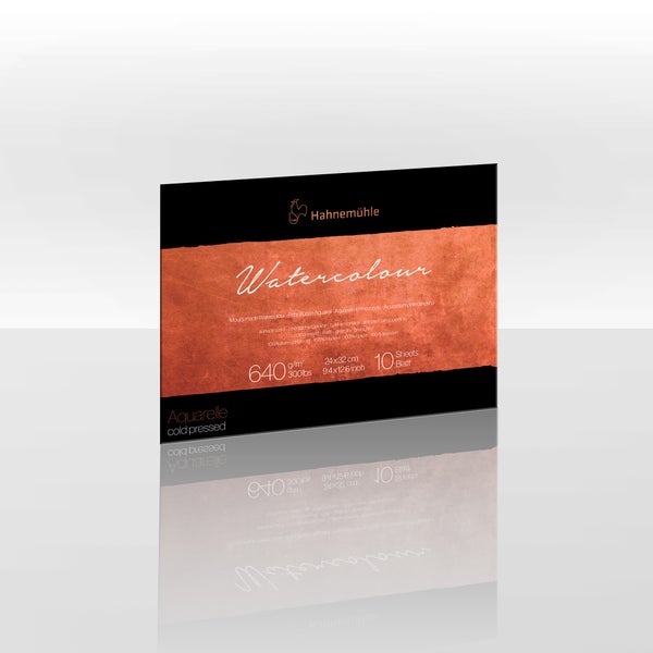 Hahnemühle Logo, Aquarellblock, 640 Gramm pro Quadratmeter, 24 mal 32 Zentimeter, 10 Blatt, 100 Prozent Baumwolle, matt.