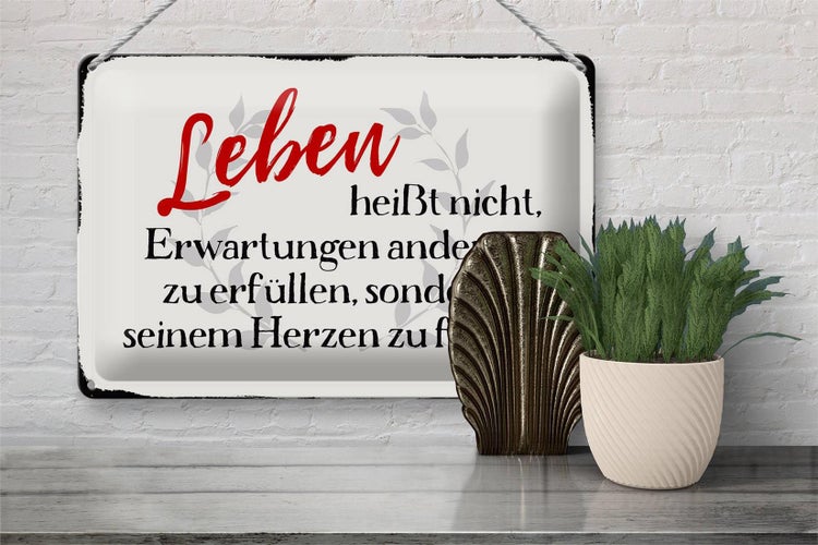 Blechschild Spruch 30x20cm Leben Erwartungen Herz Schild