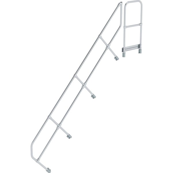 Poolhandlauf aus Edelstahl für Treppen, bestehend aus einem schrägen Geländer und einem vertikalen Einstiegsbügel.