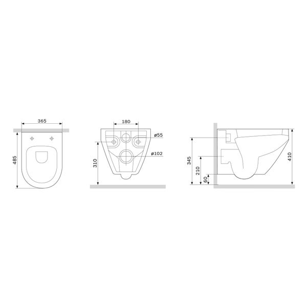 Maßzeichnung für eine Wand-Toilette mit Maßen in Millimetern für Draufsicht, Rückansicht und Seitenansicht.