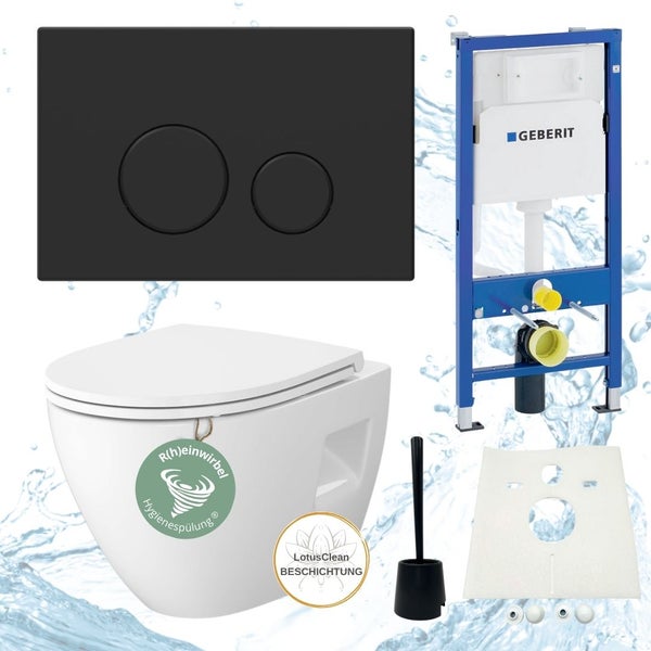 Komplettes Wand-WC-Set mit Betätigungsplatte, Spülkasten, Schallschutzmatte, Befestigungsmaterial, LotusClean Beschichtung und R(h)einwirbel Hygienespülung