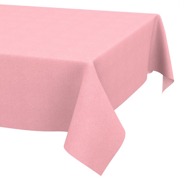 Rechteckige rosa Tischdecke aus strukturiertem Stoff, über eine Tischecke drapiert.