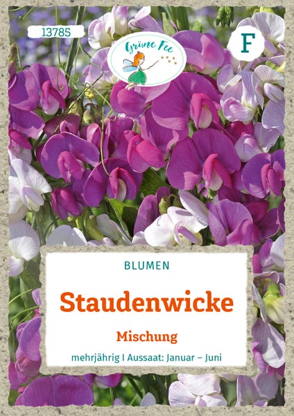 Samentüte Grüne Fee Staudenwicke Mischung, mehrjährige Blumen, Aussaat Januar bis Juni, Grüne Fee Logo.