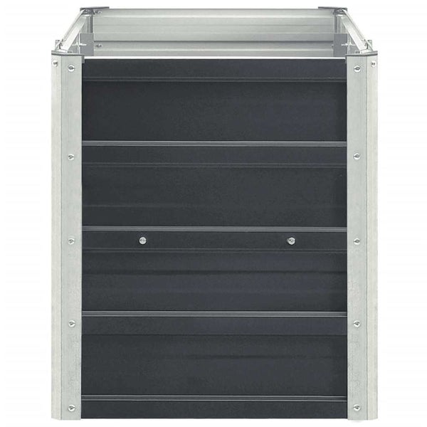 Erweiterung für Metall-Hochbeet aus dunkelgrauen Paneelen mit silbernen Aluminiumprofilen und sichtbaren Schrauben.