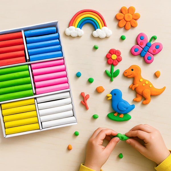 Knetmasse-Set mit bunten Stangen in einer Box, verschiedenen geformten Figuren wie Regenbogen und Tieren sowie Kinderhänden bei der Anwendung.
