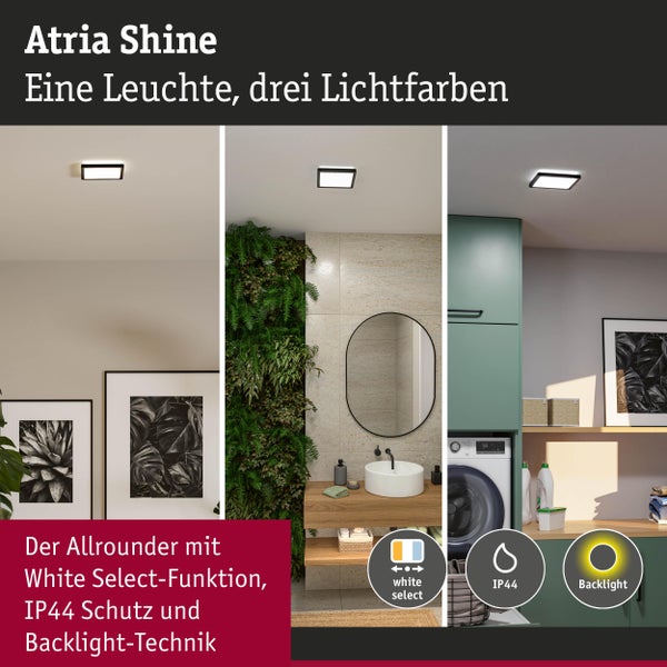 Quadratische LED-Deckenleuchte Atria Shine in verschiedenen Wohnräumen mit White Select Funktion, IP44 Schutz und Backlight-Technik.