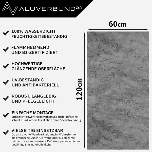 Aluverbund24 Logo mit Produktinformationen und Maßen der Wandpaneele