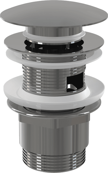 Ablaufventil für Waschbecken mit Pop-up-Funktion und Überlauf, Metall mit weißen Dichtungen.