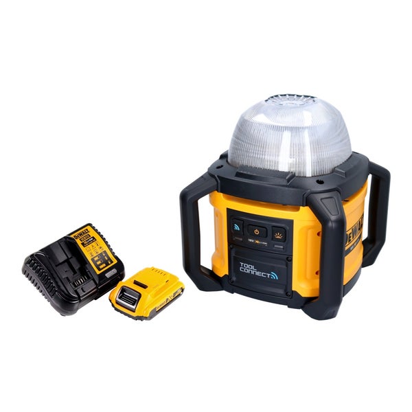 DeWalt LED-Baustrahler mit 18 Volt Akku und passendem Ladegerät.