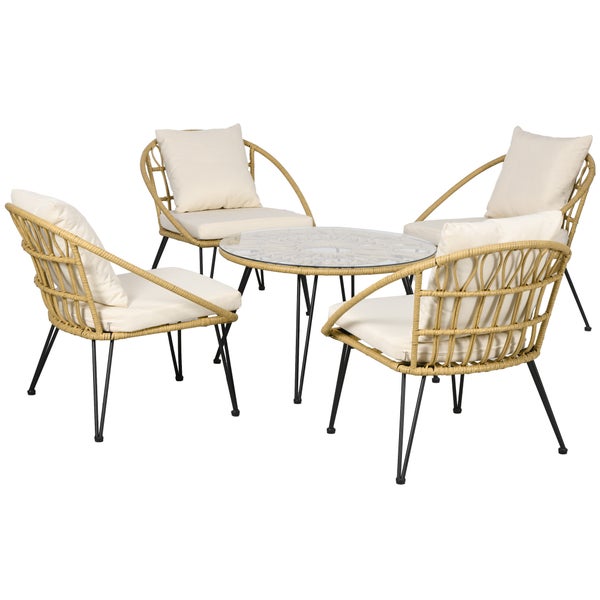 Outsunny 5 tlg. Rattan Sitzgruppe, Gartenmöbel-Set, 1 Esstisch, 4 Stühlen, mit Sitzkissen, für Balkon, Terrasse, 82L x 82B x 50H cm, Polyester, Beige