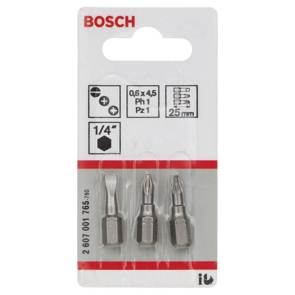 Bosch Schrauberbit-Set Extra-Hart (gemischt), 3tlg. S 0,6x4,5, PH1, PZ1, 25 mm - 2607001765