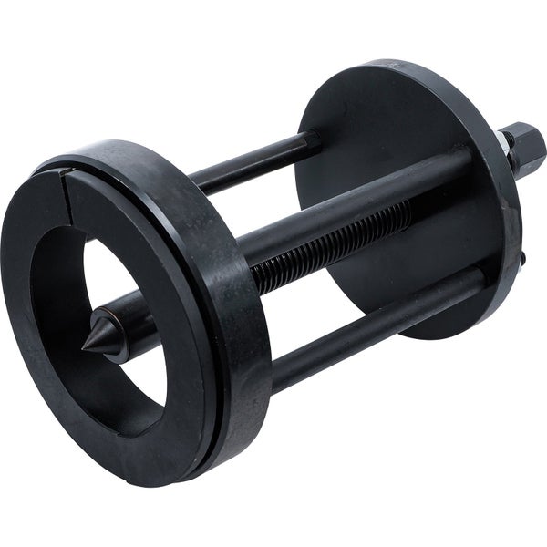 Schwarzer mechanischer Abzieher aus Metall mit Gewindespindel und Haltestangen.