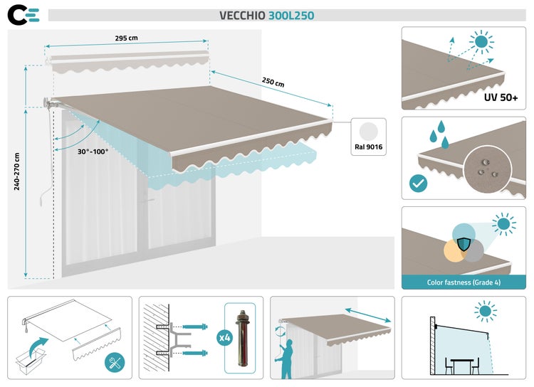 Technische Zeichnung einer Markise mit Maßen, UV-Schutz 50, Farbechtheit Grad 4 und RAL 9016