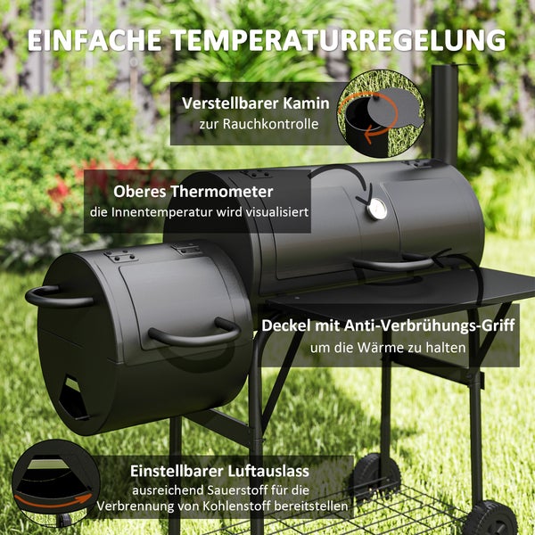 Outsunny Holzkohlegrill aus Stahl BBQ Smoker mit Deckel Thermometer Räder Ablage fahrbar Grillwagen mit Luftzufuhr Kohlewanne, Kohlegrill Kohlegrillwagen für Barbeque Camping, Garten 109x60x120 cm
