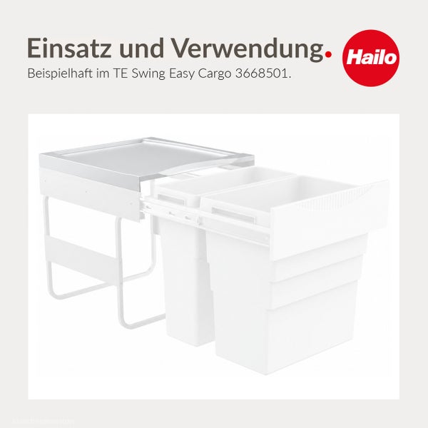 Hailo Abfalltrennsystem TE Swing Easy Cargo mit zwei Kunststoffeimern auf Teleskopschienen für den Küchenschrank.