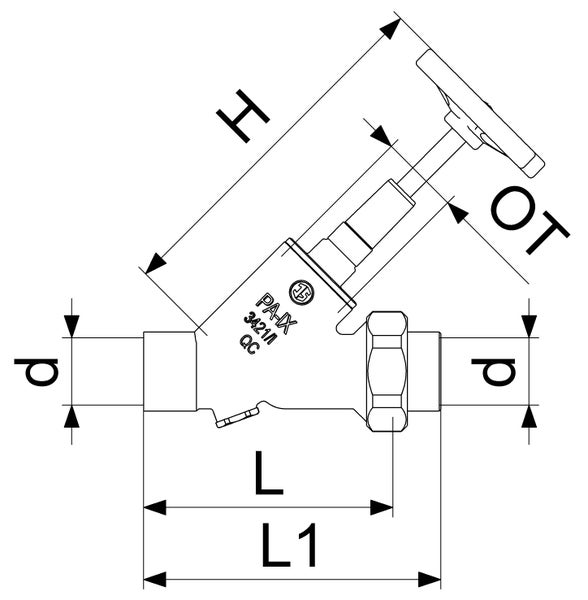 Technische Zeichnung eines Schrägsitzventils mit Maßangaben für Höhe, Länge und Durchmesser.