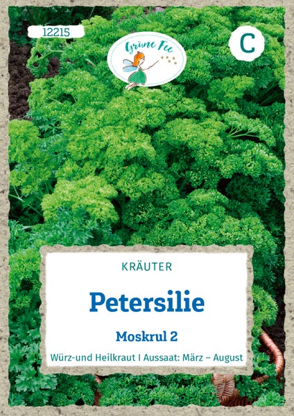 Samentüte für Petersilie Moskrul 2, Grüne Fee Logo, gekrauste Blätter, Aussaat von März bis August.