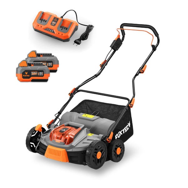 Fuxtec Akku-Vertikutierer Set mit zwei 20 Volt Akkus, Doppel-Ladegerät, Fangkorb und Führungsholm für die Rasenpflege.