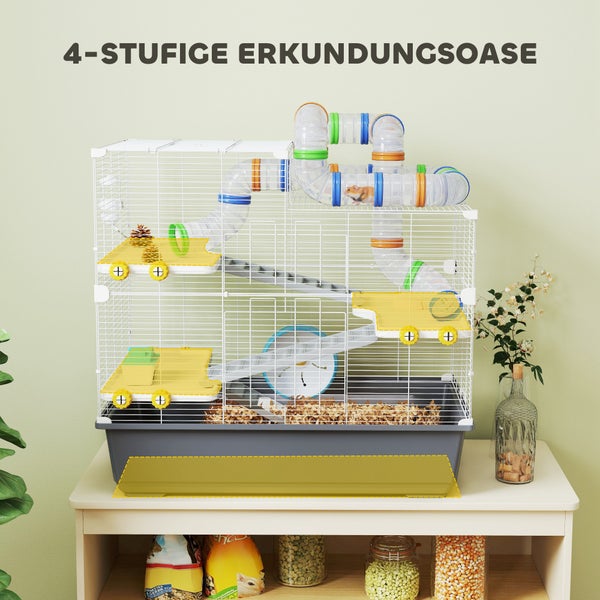 PawHut Hamsterkäfig 4 Etagen Nagerkäfig  Kleintierkäfig mit Laufrad Futternapf Tunnel Hütte Obertür, Kleintierstall Käfig für Hamster Syrischer Hamster 78 x 45 x 73 cm, Grau