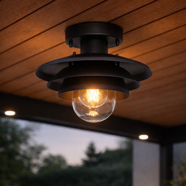Schwarze Außen-Deckenleuchte aus Metall mit drei abgestuften Schirmen und Glaskolben, an einer Holzdecke montiert.