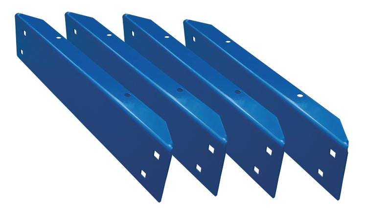 Vier blaue Eckverbinder aus Metall mit vorgebohrten Löchern für Schrauben.