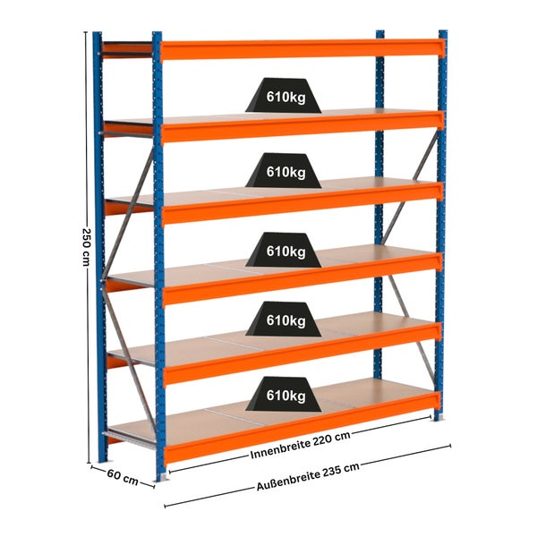 Regal mit fünf Böden, belastbar mit 610 Kilogramm pro Boden, 250 Zentimeter hoch