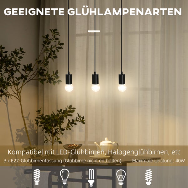 Drei schwarze Pendelleuchten mit E27 Fassung und maximal 40 Watt Leistung über einem Tisch