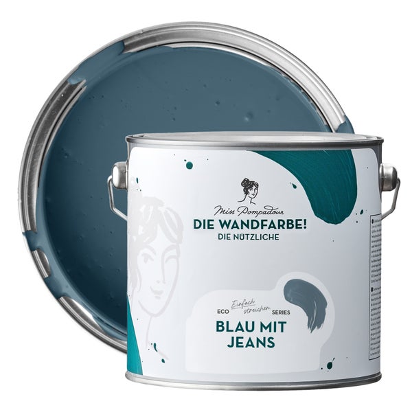 MissPompadour abwaschbare Wandfarbe 2.5L Blau mit Jeans - hohe Deckkraft und Ergiebigkeit - matte, scheuerbeständige Innenfarbe - geruchsarm, wasserbasiert, atmungsaktiv - Die Nützliche