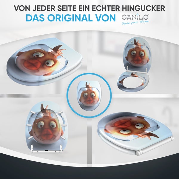 Sanilo Toilettensitz mit Goldfisch-Motiv im Glas, dargestellt aus verschiedenen Perspektiven in offener und geschlossener Position. Sanilo Logo.