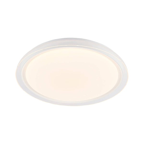 Flache, runde LED-Deckenleuchte aus Kunststoff in Weiß mit warmweißem Licht.