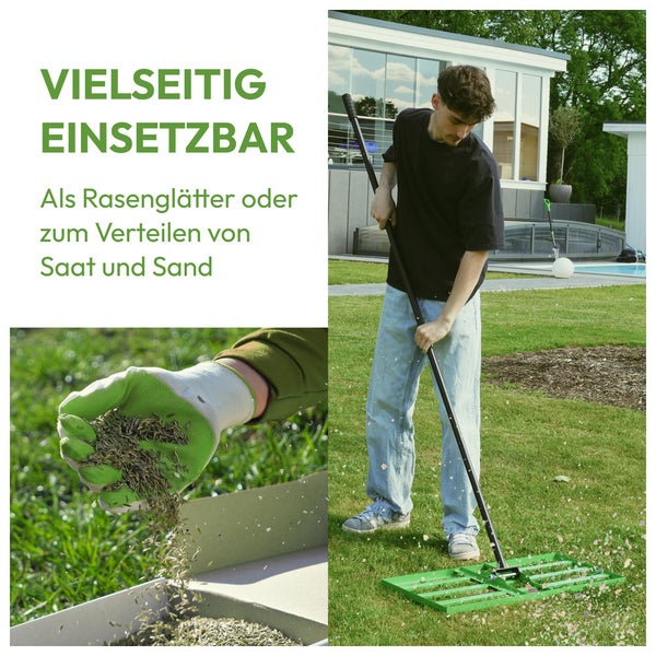 Person benutzt einen Rasenglätter auf einer Rasenfläche und Detailansicht einer Hand beim Verteilen von Saatgut.